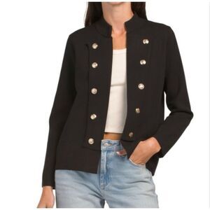 Jones New York military band cardigan sweater open top shirt black gold nwot